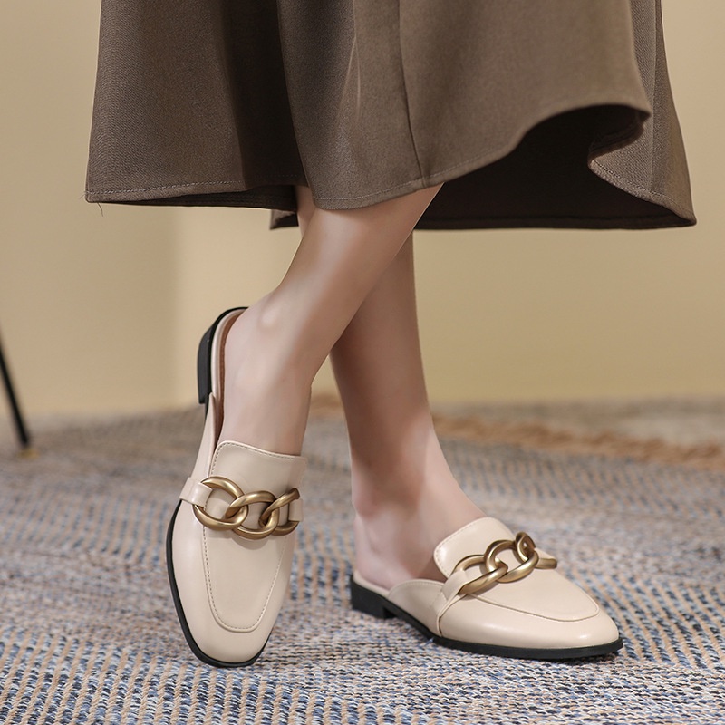 Dép Muller 2023 Mũi Vuông Đế Dày Phối Xích Kim Loại Phong Cách Hàn Quốc Mới Cho Nữ AA4229