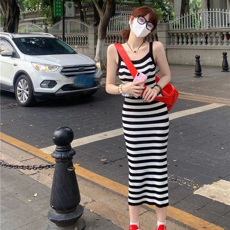 COZOK Đầm Dài Qua Gối Không Tay Xẻ Tà Họa Tiết Kẻ Sọc Thời Trang Gợi Cảm Cho Nữ