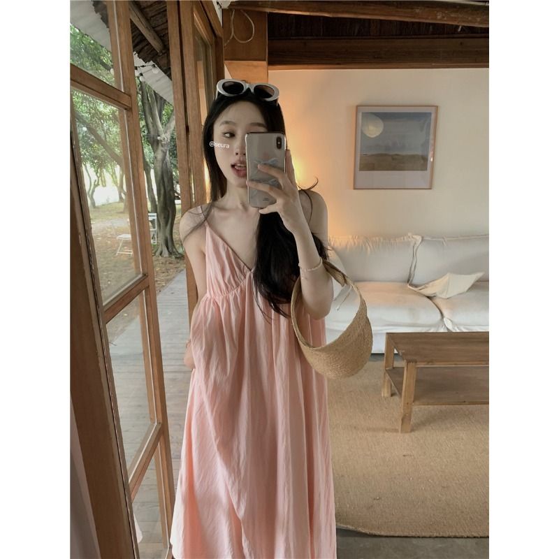 Đầm Hai Dây Dáng Dài Cổ Chữ V Màu Hồng Nữ Tính