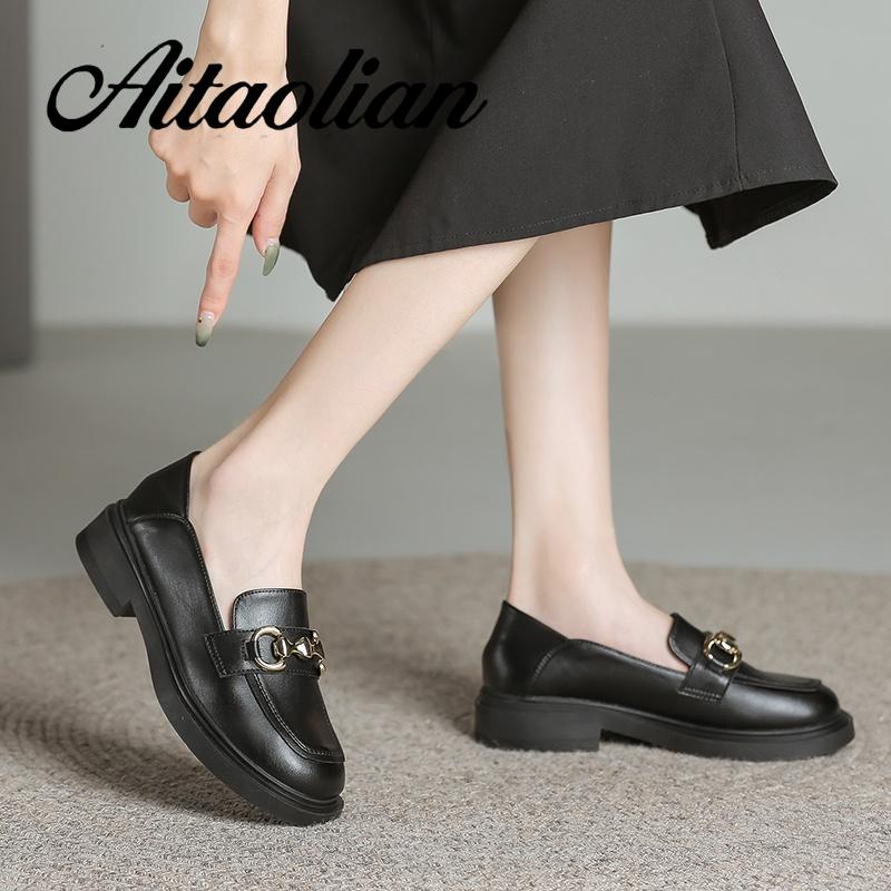 Giày Lười Da Thật Đế Bằng 3cm Phối Khóa Kim Loại Đơn Giản Thời Trang Cho Nữ