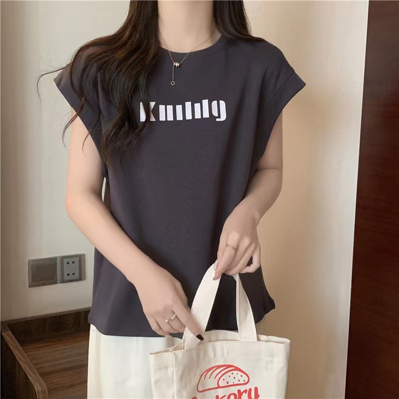 Áo thun SUXI không tay dáng rộng in chữ đơn giản phong cách Hàn Quốc cho nữ