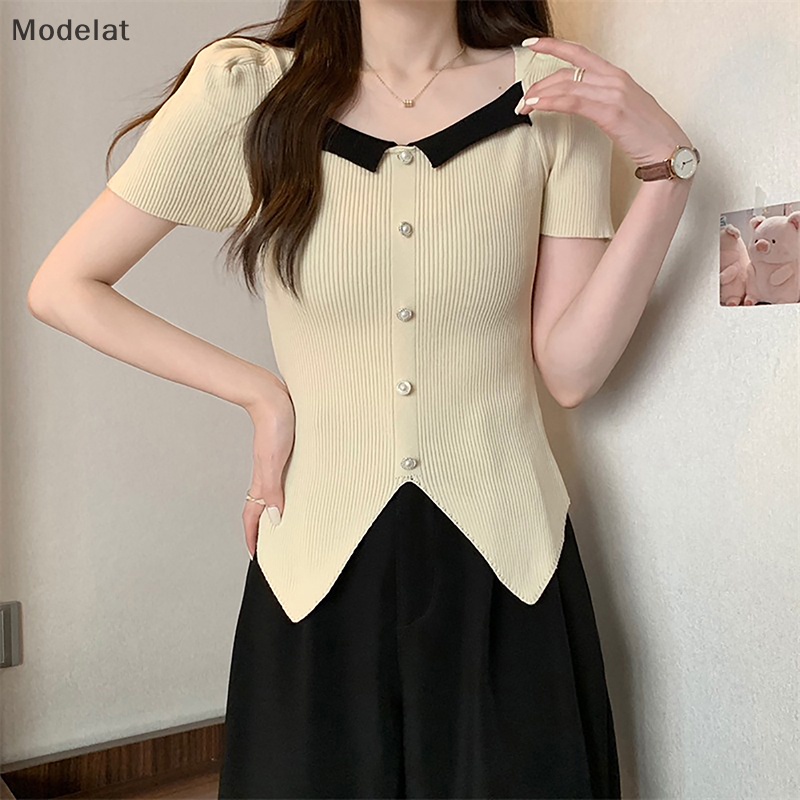 Mfc Áo Thun Dệt Kim Tay Ngắn Phồng Cổ Vuông Dáng Ôm Xẻ Tà Cài Nút Thời Trang