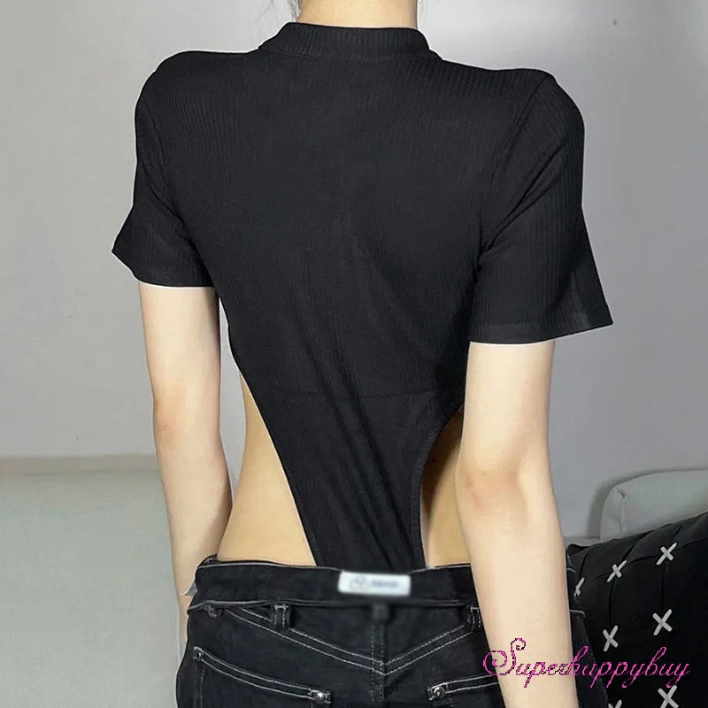 Bộ Áo Liền Quần Tay Ngắn Dáng Ôm Khoét Lỗ Eo Cao Màu Sắc Đơn Giản Thời Trang Cho Nữ