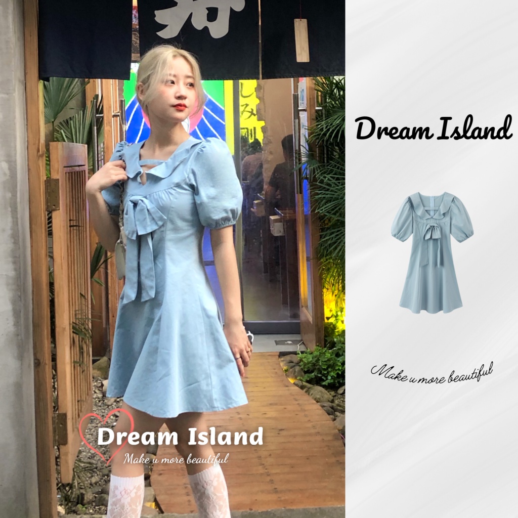 『Dream Island』Đầm Tay Phồng Cổ Chữ V Phối Bèo Đính Nơ Thời Trang Xinh Xắn Cho Nữ