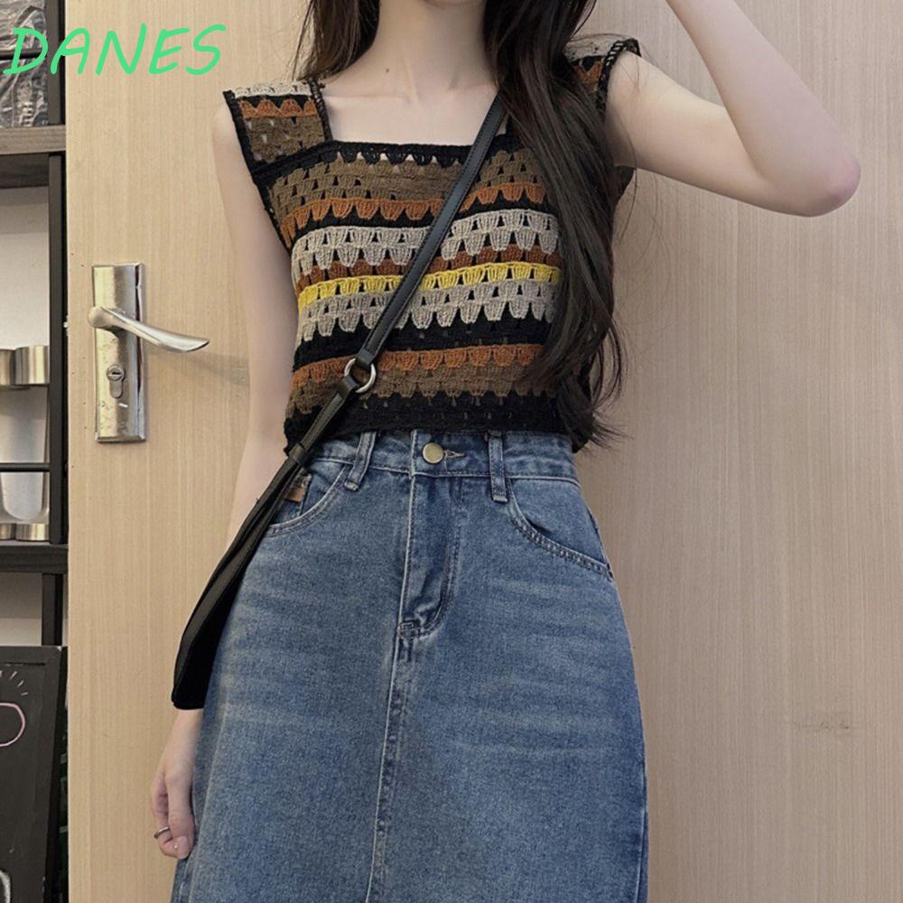 Áo Hai Dây Dệt Kim y2k Cổ Vuông Họa Tiết Kẻ Sọc Nhiều Màu Thời Trang Mùa Hè Vintage Cho Nữ