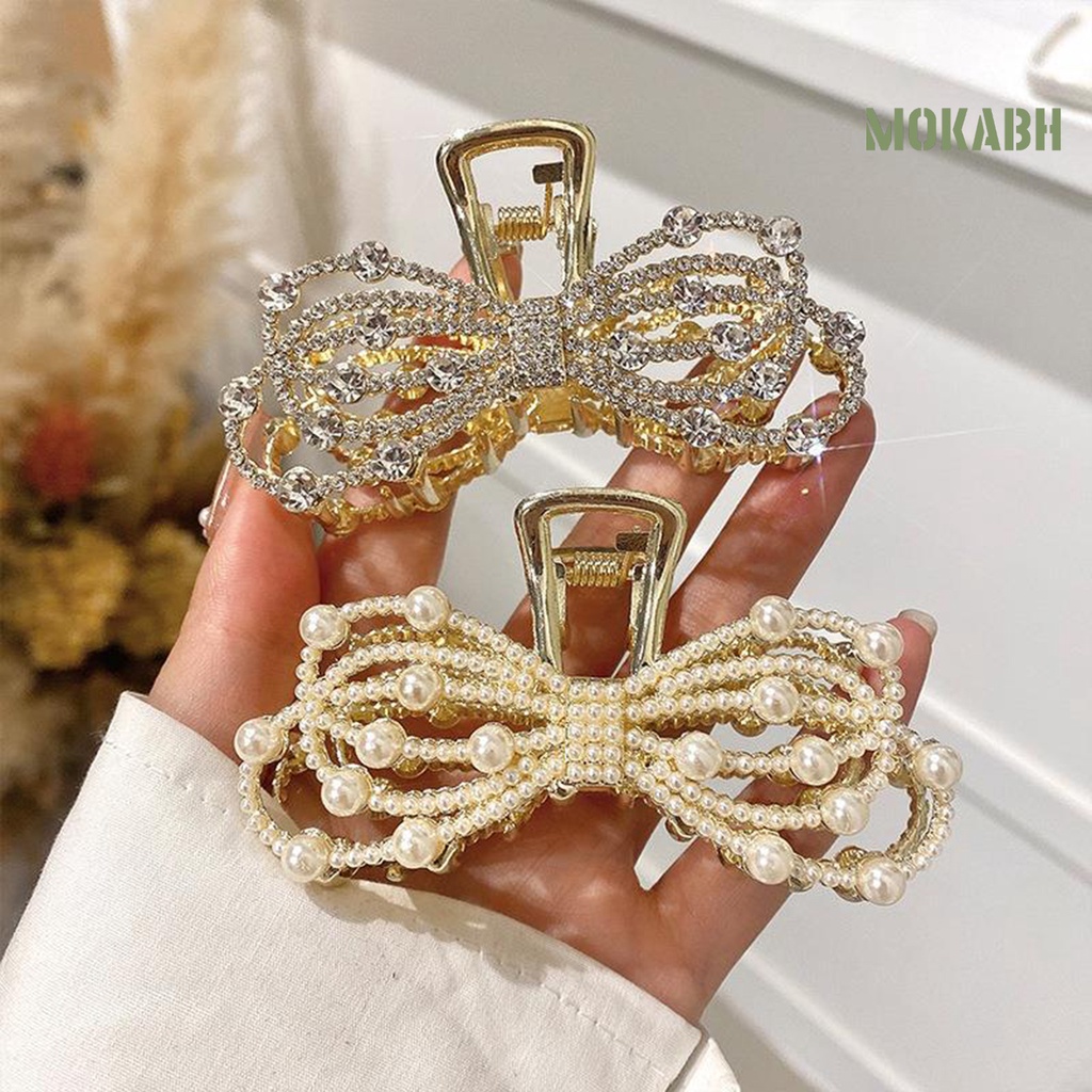 Kẹp Tóc Nơ Đính Đá Và Ngọc Trai Giả Phong Cách Hàn Quốc
