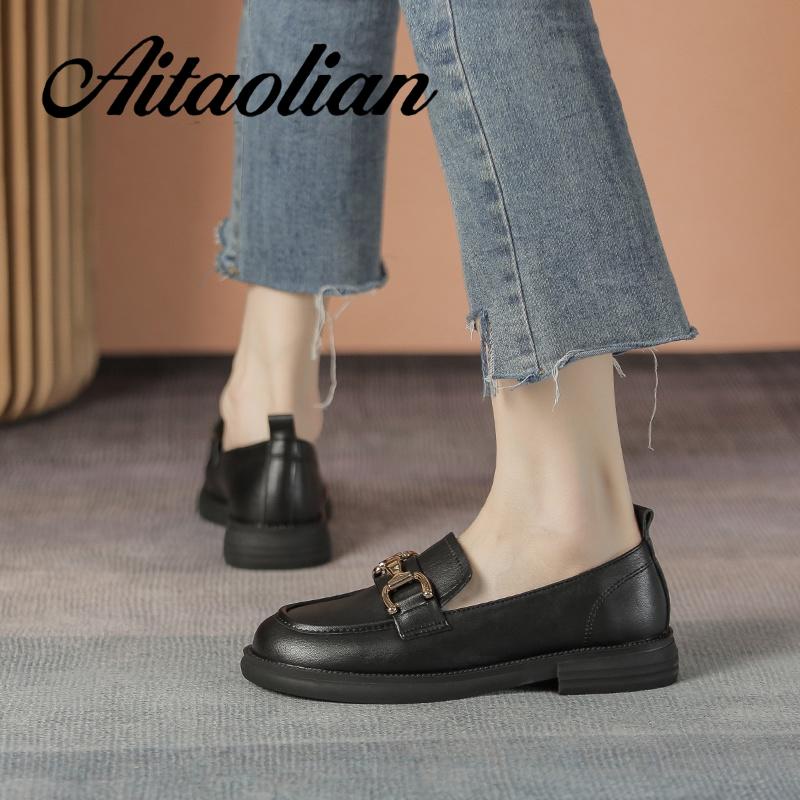 Giày Lười Da Thật Đế Bệt 3cm Mềm Mại Cài Khóa Kim Loại Thời Trang Anh Quốc Cho Nữ