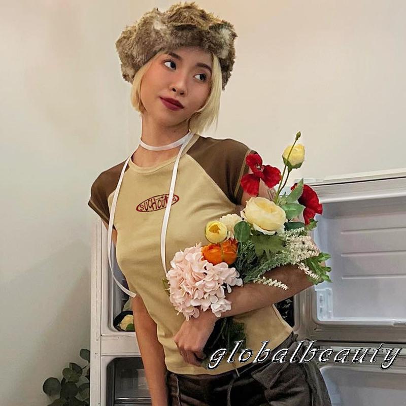 Áo Dệt Kim Ngắn Tay Cổ Tròn Thêu Chữ Màu Sắc Thời Trang Mùa Hè Cho Nữ