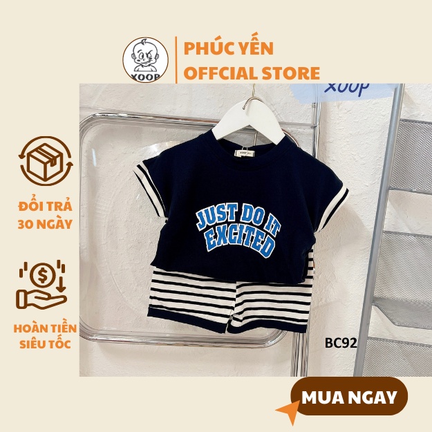 Đồ Bộ cộc tay XOOP cotton lụa XOOP in chữ just, quần kẻ cho bé trai bé gái (12-24kg) BC92, Shop Phúc Yến
