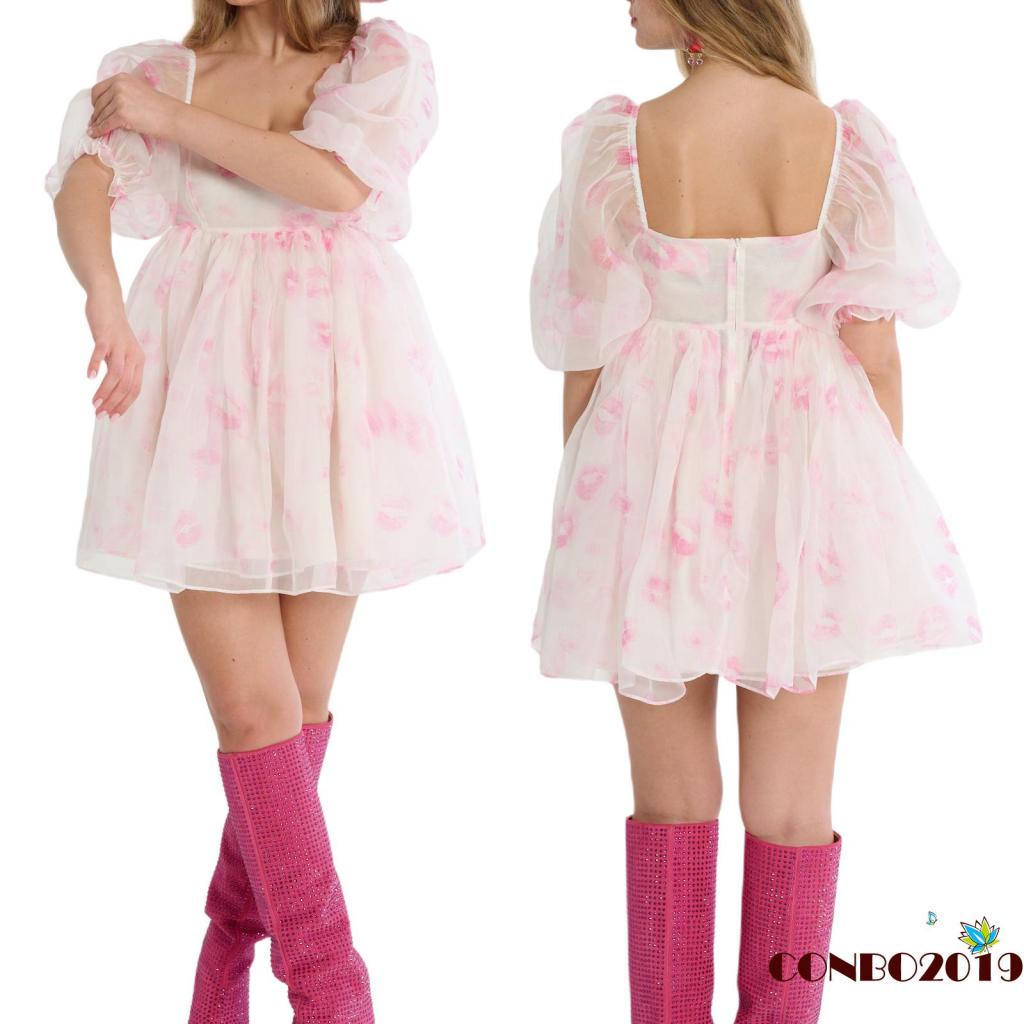 Đầm Tay Ngắn Cổ Vuông Dáng Chữ A In Họa Tiết Đôi Môi Thời Trang Mùa Hè Xinh Xắn Cho Nữ