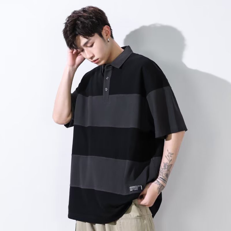 Áo Thun polo Tay Ngắn Dáng Rộng Họa Tiết Kẻ Sọc Màu Sắc Tương Phản Phong Cách Nhật Bản Thời Trang Mùa Hè Cho Nam