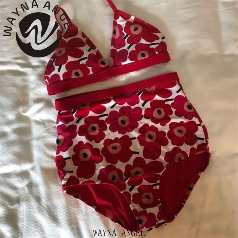 (wayna Angel) áo tắm nữ eo cao bộ bikini gợi cảm in hoa áo tắm màu đỏ đen