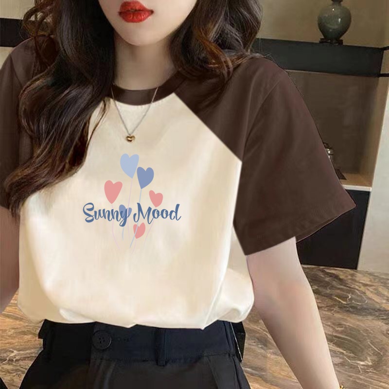 Áo Thun Cotton Ngắn Tay Màu Kem Tương Phản Phong Cách Mới Cho Nữ