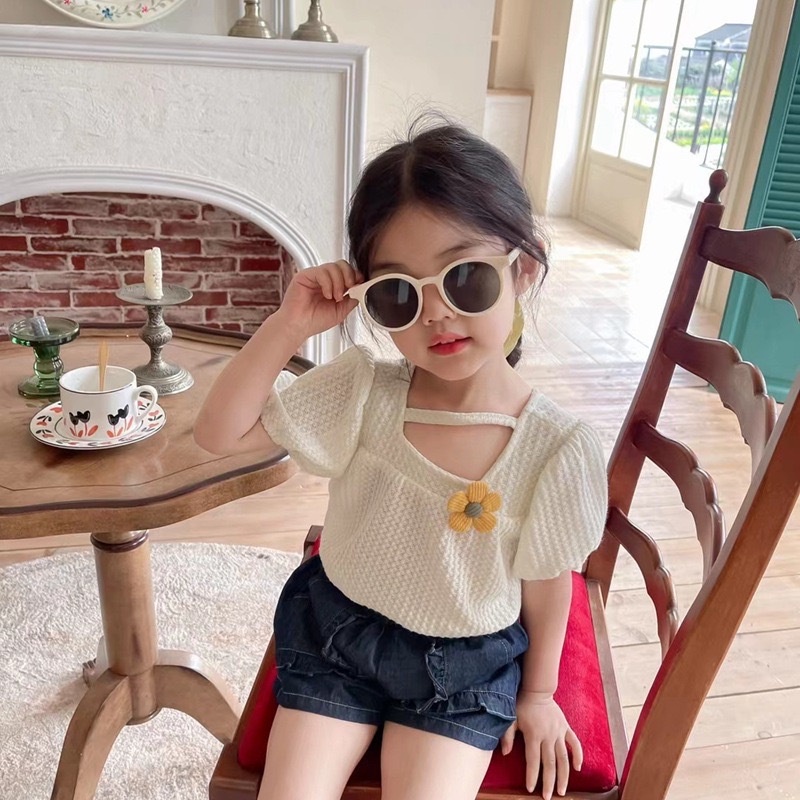 Áo Thun Cotton Tay Phồng Ngắn Cổ Tròn Thoải Mái Thời Trang Mùa Hè Phong Cách Hàn Quốc Cho Bé Gái