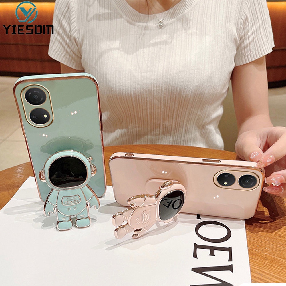 Ốp Điện Thoại Silicon Dẻo Vuông Mạ Màu Có Giá Đỡ Dạng Gập Hình Phi Hành Gia Cho Oppo A17 A17K 78 A57 4G A77 5G 2022