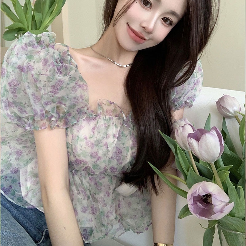 Áo Kiểu Trễ Vai Tay Phồng In Họa Tiết Hoa Thời Trang Mùa Hè Xinh Xắn Cho Nữ