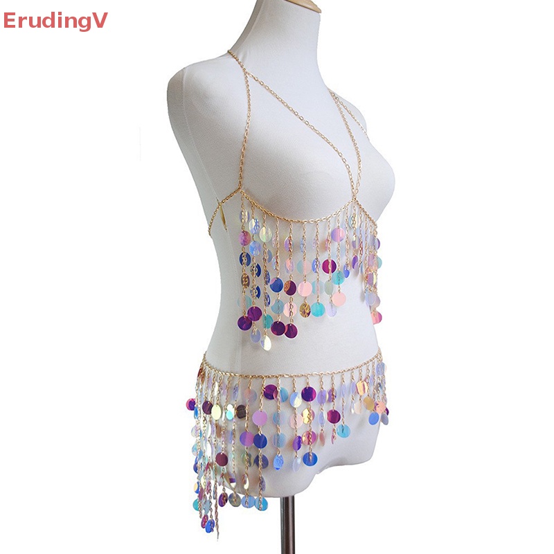 [ErudingV] Set Áo Ngực Nhiều Lớp Tua Rua Và Dây Xích Đeo Hông Đính Kim Sa Thời Trang Gợi Cảm Đi Tiệc y2k [Mới]