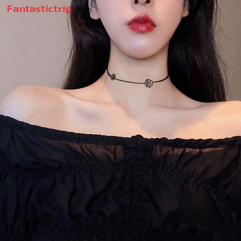[Fantastictrip] Vòng Cổ Choker Ngắn Hình Hoa Hồng Đen Phong Cách Gothic Hàn Quốc Làm Quà Tặng Mới