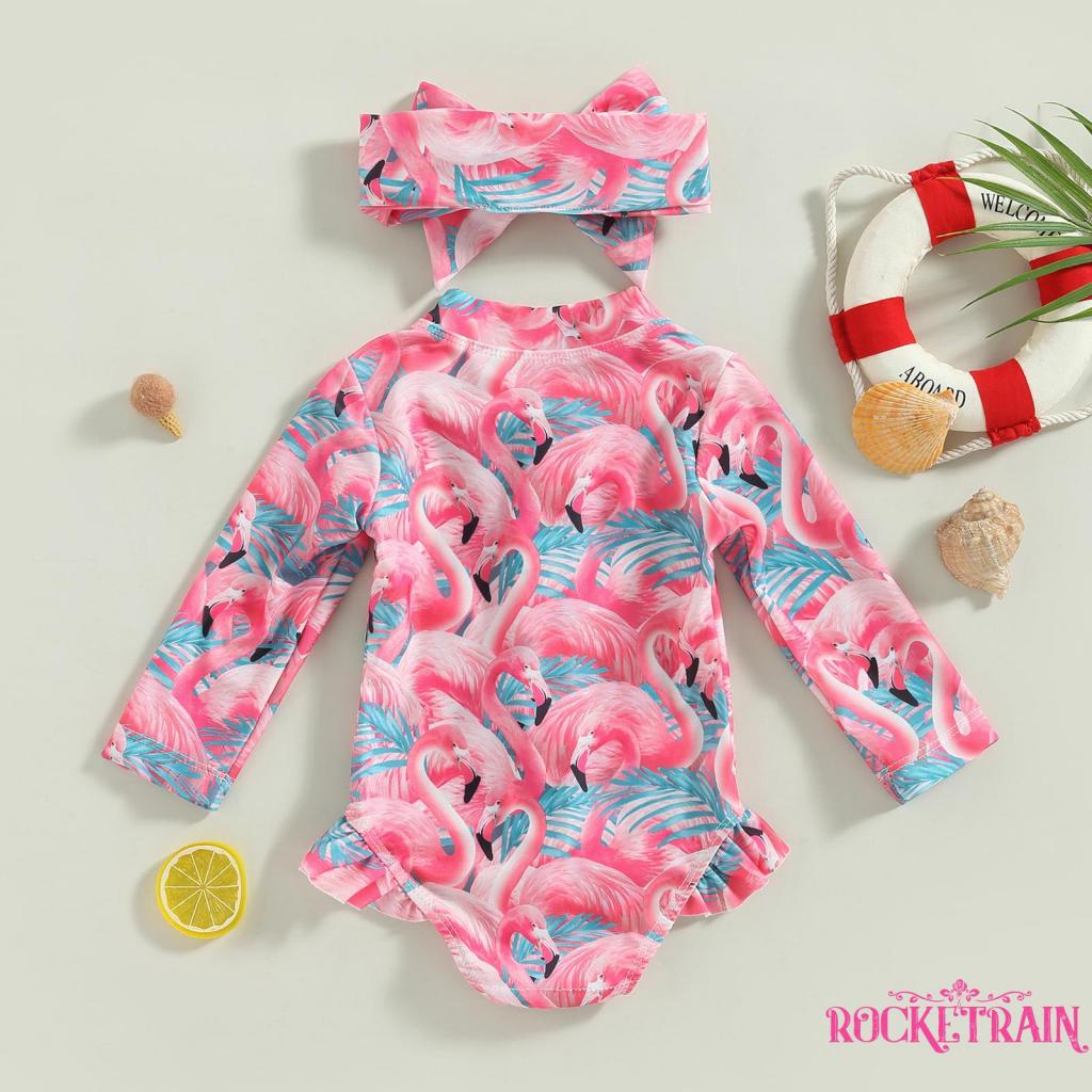 Wa-kids Bộ Đồ Bơi Liền Thân Tay Dài Có Khóa Kéo In Họa Tiết Hồng Hạc / Hoa Chống Nắng Cho Bé Gái