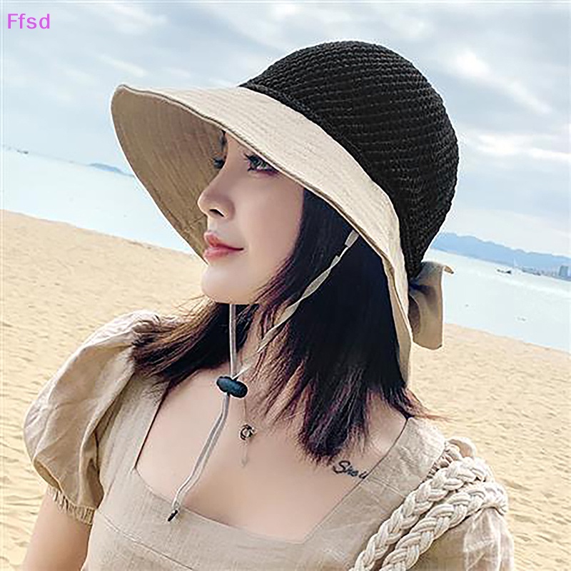 {Ffsd} Hàng Bán Chạy Mũ Xô Khoét Rỗng Đính Nơ Chống Nắng / Tia UV Ngoài Trời Mùa Hè Có Thể Gập Gọn Cho Nữ