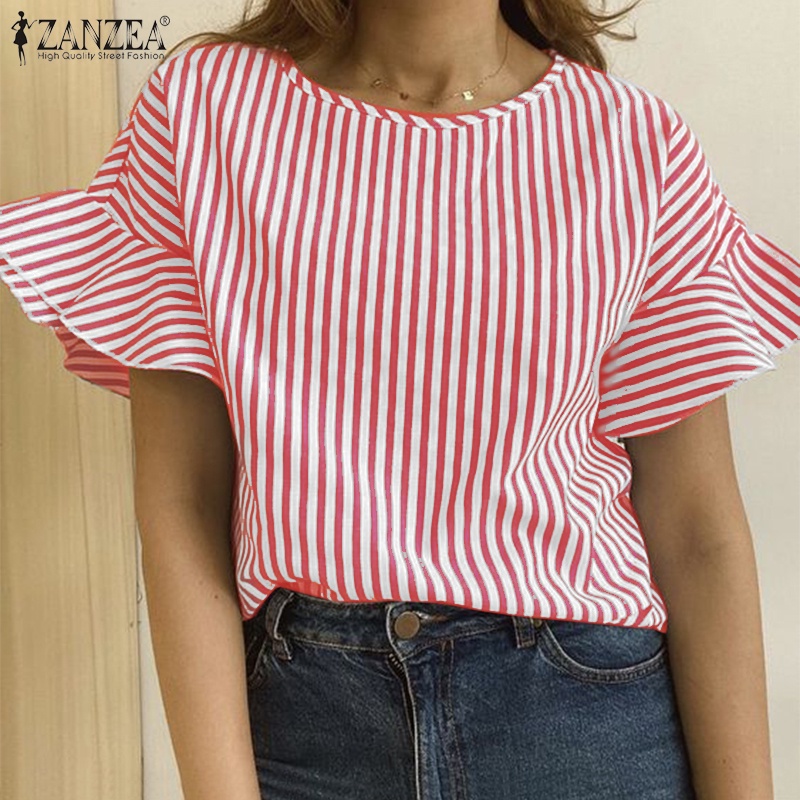 Zanzea Áo Kiểu Cổ Tròn Hở Vai Viền Bèo Họa Tiết Kẻ Sọc Thời Trang Hàn Quốc Cho Nữ