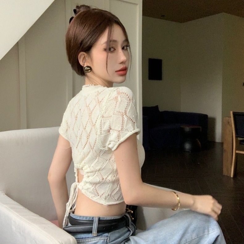 Áo Croptop Dệt Kim Tay Ngắn Hở Lưng Thời Trang Mùa Hè Hàn Quốc Cho Nữ