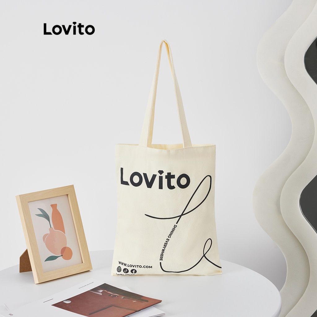 Lovito Đồ họa thông thường Trọng lượng nhẹ Túi tote đeo vai cotton tái sử dụng hợp thời trang L30BA13 (Trắng)