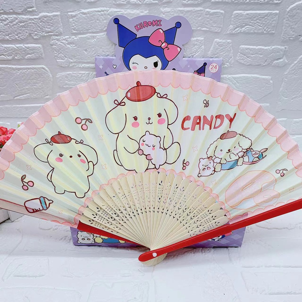 Sanrio Quạt Xếp Cầm Tay Bằng Gỗ Tre Họa Tiết Hoạt Hình Kuromi Melody Dễ Thương