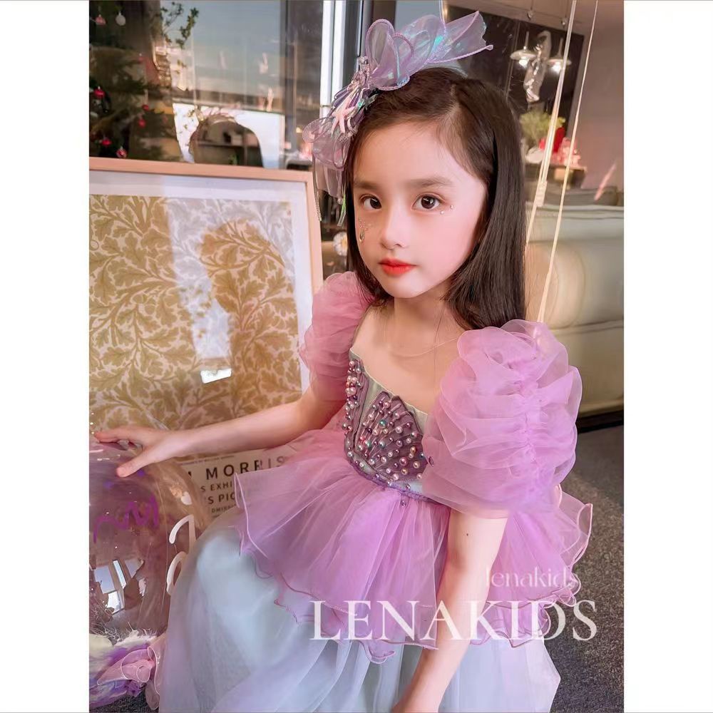Đầm Công Chúa Tay Ngắn Phối Lưới Đính Hạt Thời Trang Mùa Hè Cho Bé Gái