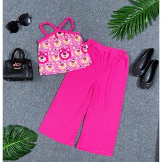 Bộ thun tăm hình gấu bé gái áo dây đan bính quần ống rộng hàng thiết kế Nhã Uyên Kids mã TR106