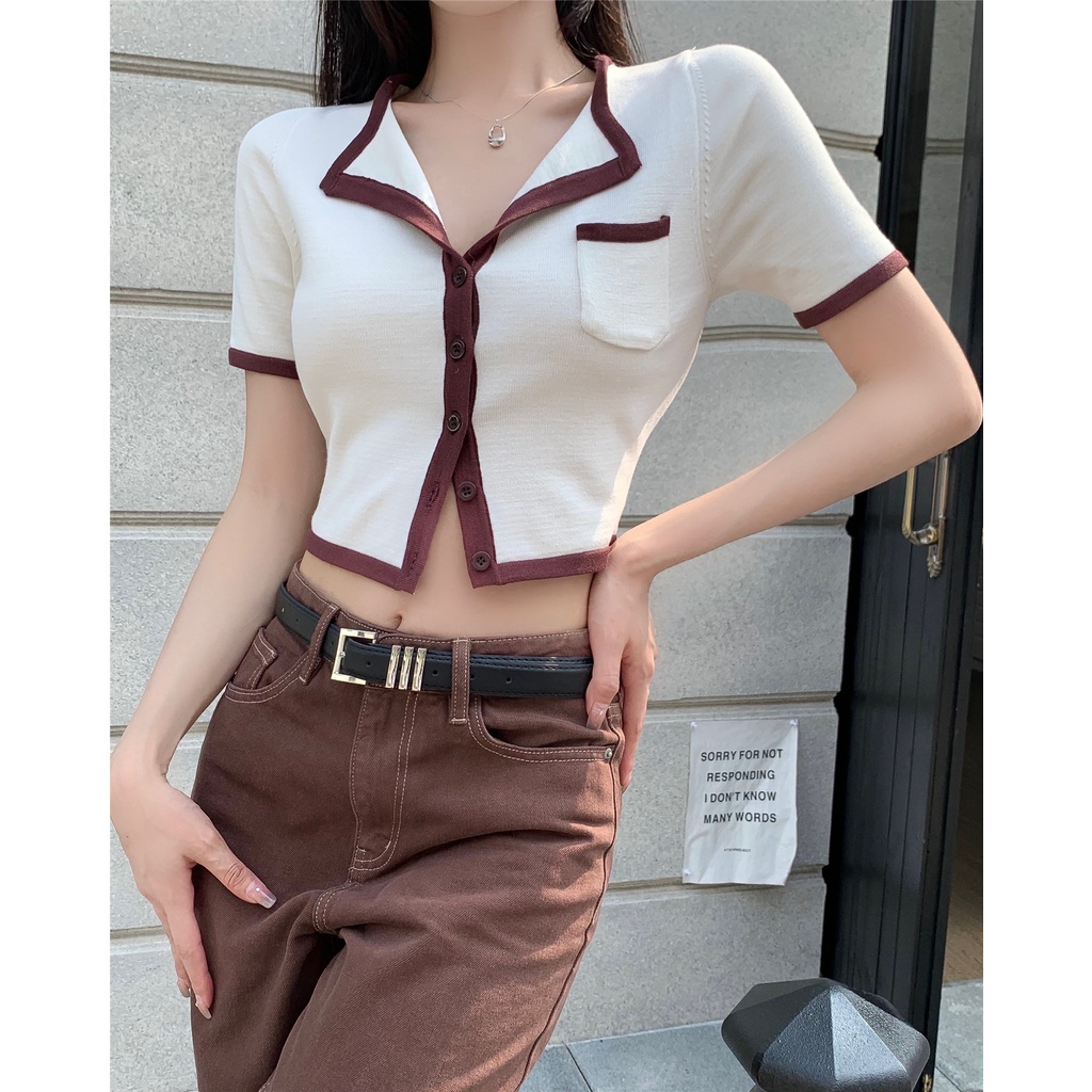 Áo Thun Dệt Kim Dáng Ôm Phối Màu Cá Tính Thời Trang