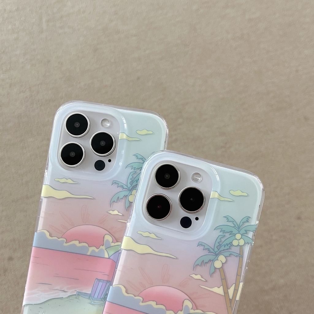 Ốp Điện Thoại Chống Sốc Hai Mặt Họa Tiết Cây Dừa / Bãi Biển Kèm Dây Đeo Dành Cho IPhone 14 13 12 11 Pro Max