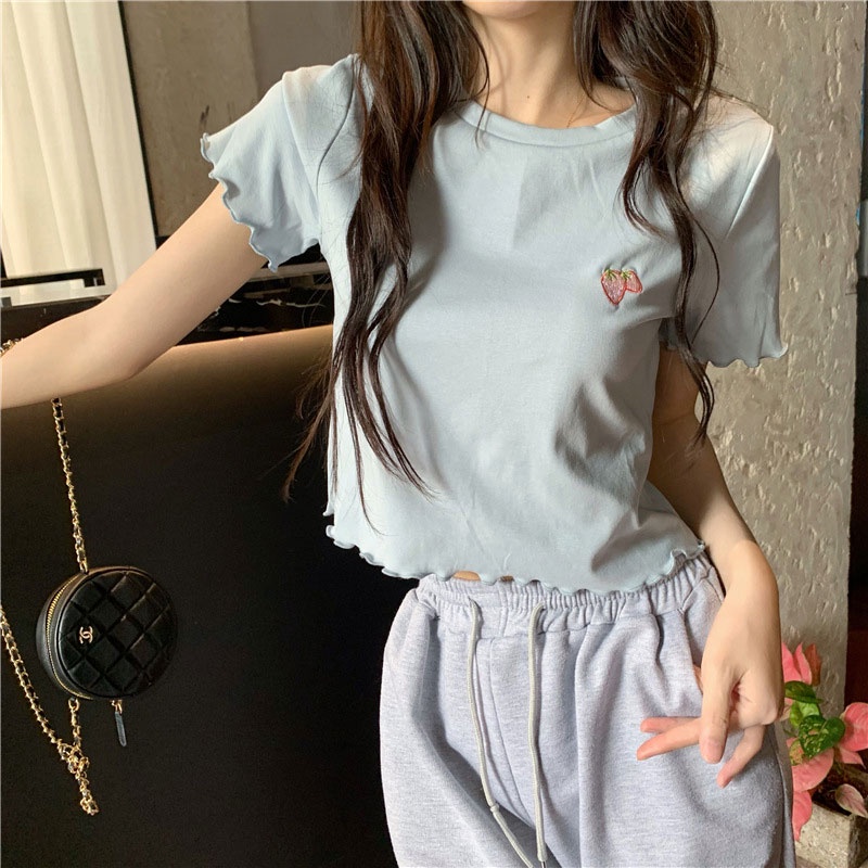 Xin LAN YA SHE Áo Thun Ngắn Hở Rốn Dáng Ôm Thêu Viền Gỗ Kiểu Hàn Quốc Cho Nữ