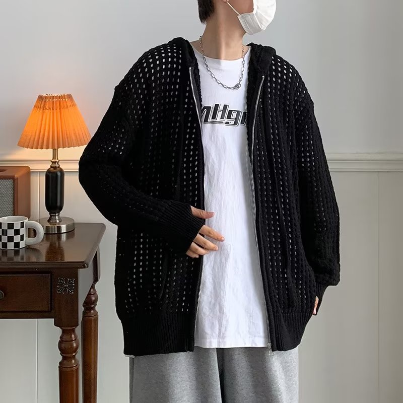 Áo Khoác Dệt Kim Phối Khóa Kéo Phong Cách Hip Hop Thời Trang Cho Nam