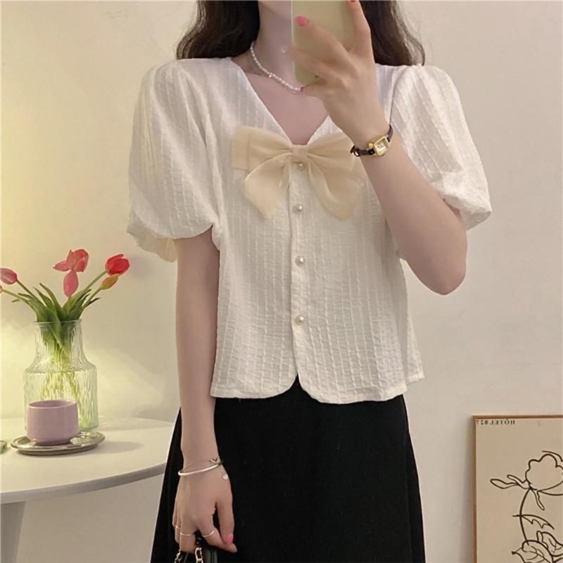Áo Kiểu Tay Phồng Ngắn Cổ Chữ V Thắt Nơ Phong Cách Pháp Cho Nữ