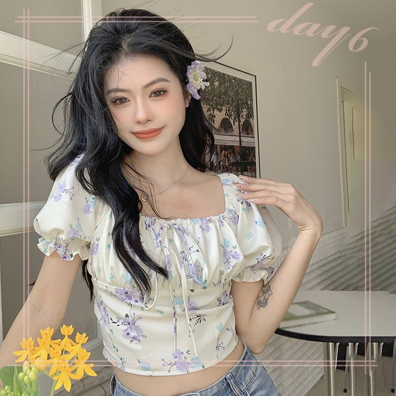 Áo Croptop Tay Phồng In Hoa Xinh Xắn Dành Cho Nữ