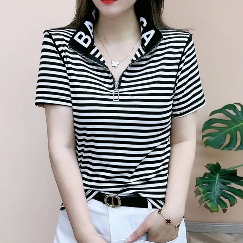 Áo Thun polo Tay Ngắn Dáng Rộng Bằng cotton Có Khóa Kéo Thời Trang Mùa Hè Nhiều Màu Tùy Chọn Phong Cách Hàn Quốc Cho Nữ mi