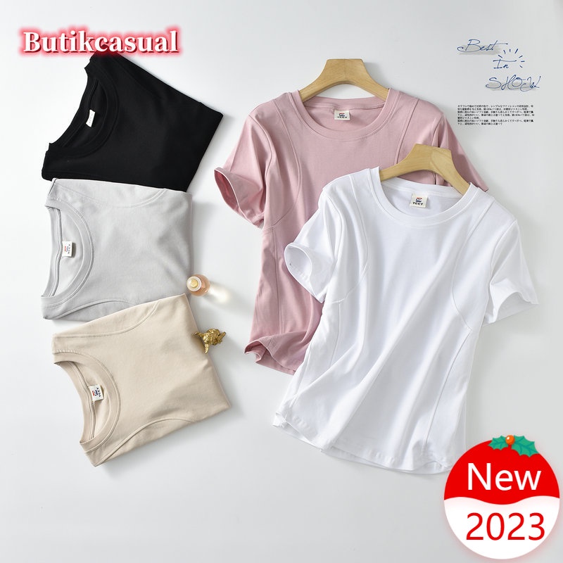 Áo Thun Trơn 100% cotton Cổ Tròn Ngắn Tay Thời Trang Mùa Hè 2023 Cho Nữ