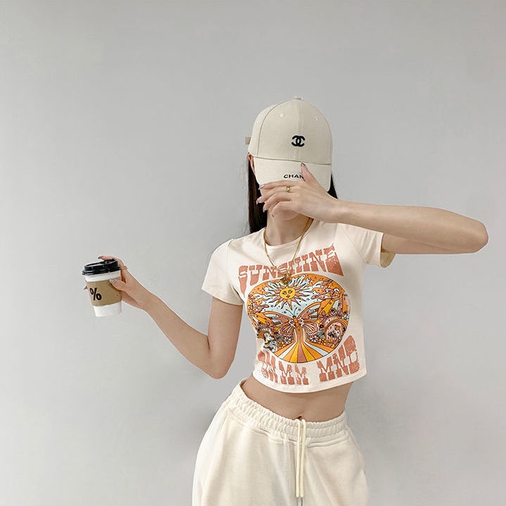 Y2k Áo Baby Tee Thun Croptop Nữ  Tay Ngắn Hở Rốn Ôm Dáng In Họa Tiết Bướm Mặt Trời Phong Cách Âu Mỹ Thời Trang Mùa Hè Mới Dành Cho