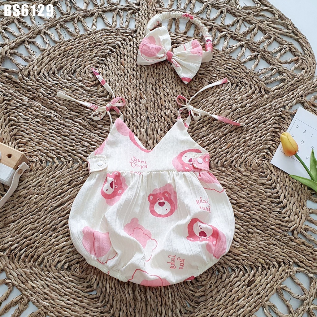 Đồ liền thân body 2 dây họa tiết gấu hồng kèm băng đô cho bé gái từ sơ sinh đến 2 MINTSCLOSET mint's closet - BS6129
