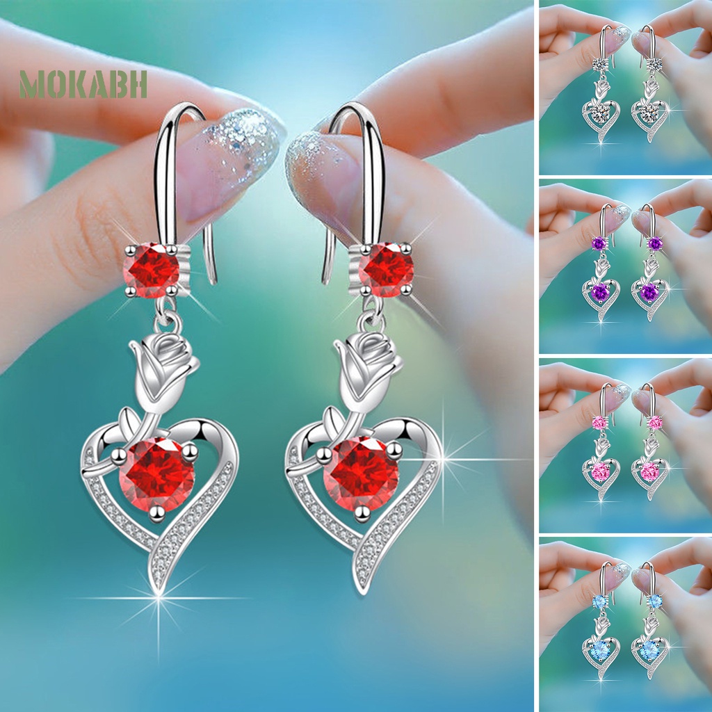 1 Đôi Bông Tai Hình Hoa Hồng Đính Đá Zircon Chất Lượng Cao Không Gây Dị Ứng Thời Trang