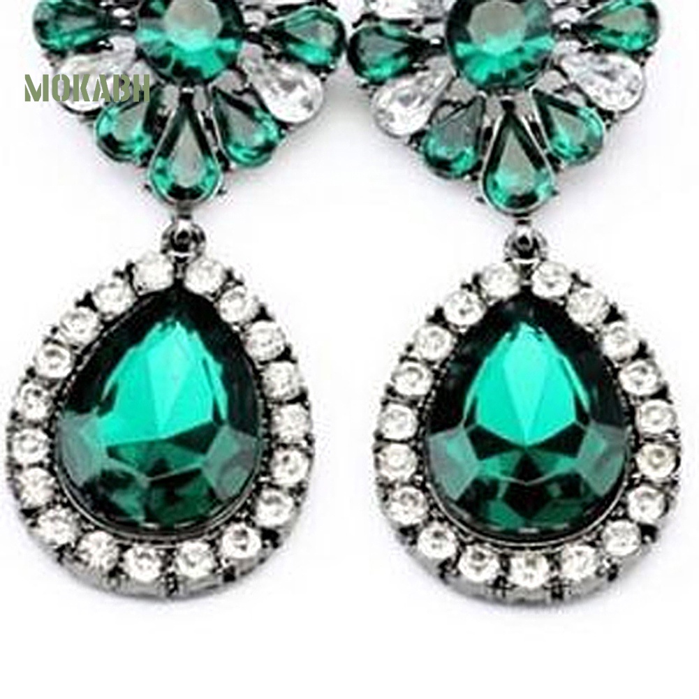 Bông Tai Đính Đá Hình Giọt Nước Họa Tiết Hoa Màu Xanh Lá Phong Cách Vintage Thời Trang