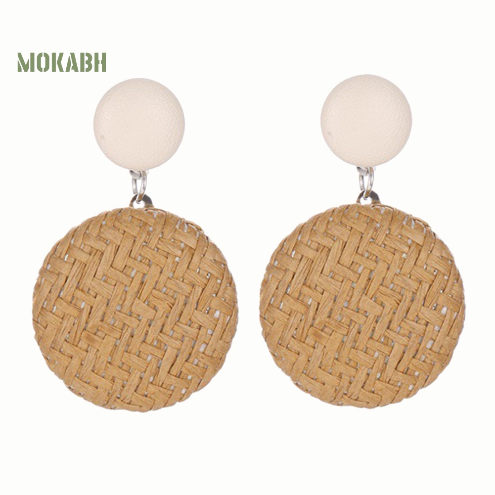 Bông Tai Tròn Bằng Rơm Dệt Phối Nút Phong Cách Boho Thời Trang Cho Nữ