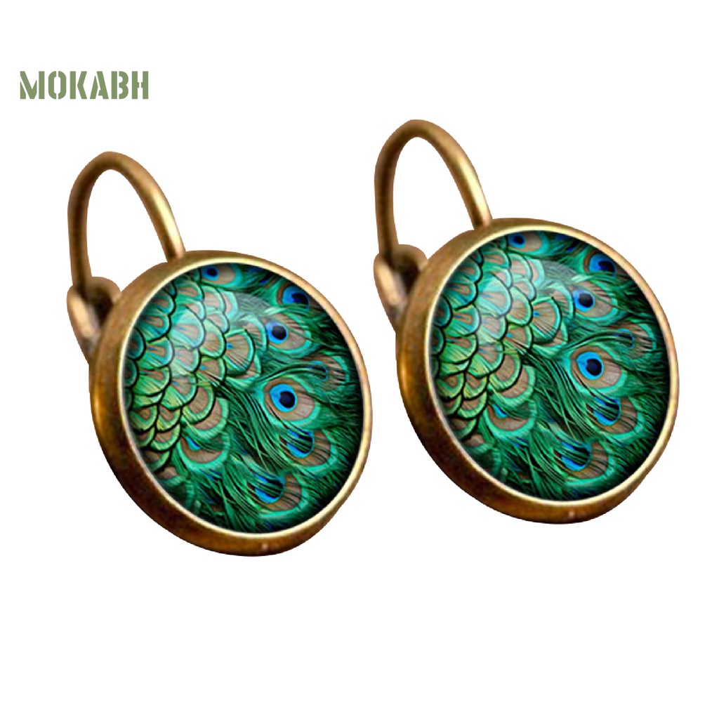 1 Đôi Bông Tai Mặt Kính Cabochon Hình Chim Công 2 Màu Phong Cách Vintage