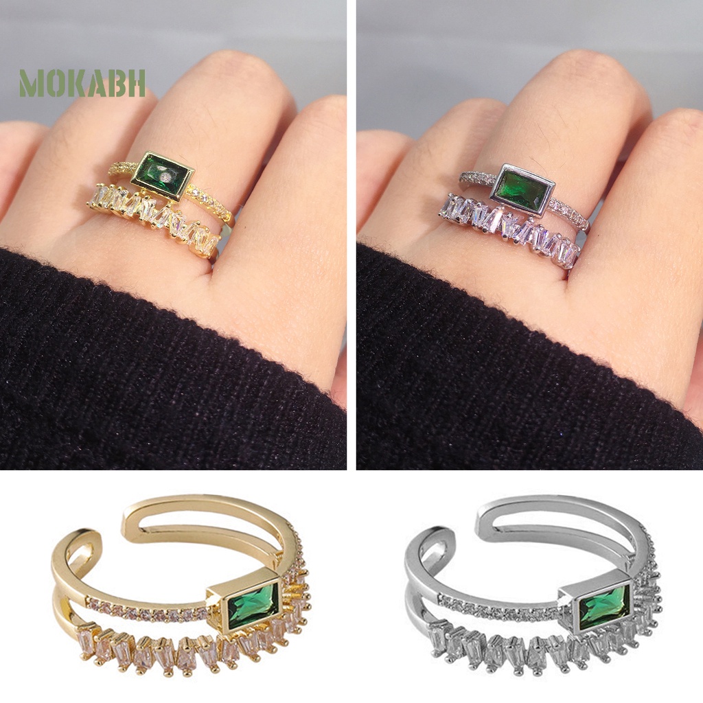 [Mới] Nhẫn Cưới Hai Lớp Dạng Mở Đính Đá Zircon Giả Màu Xanh Lá Có Thể Điều Chỉnh Làm Quà Tặng Valentines
