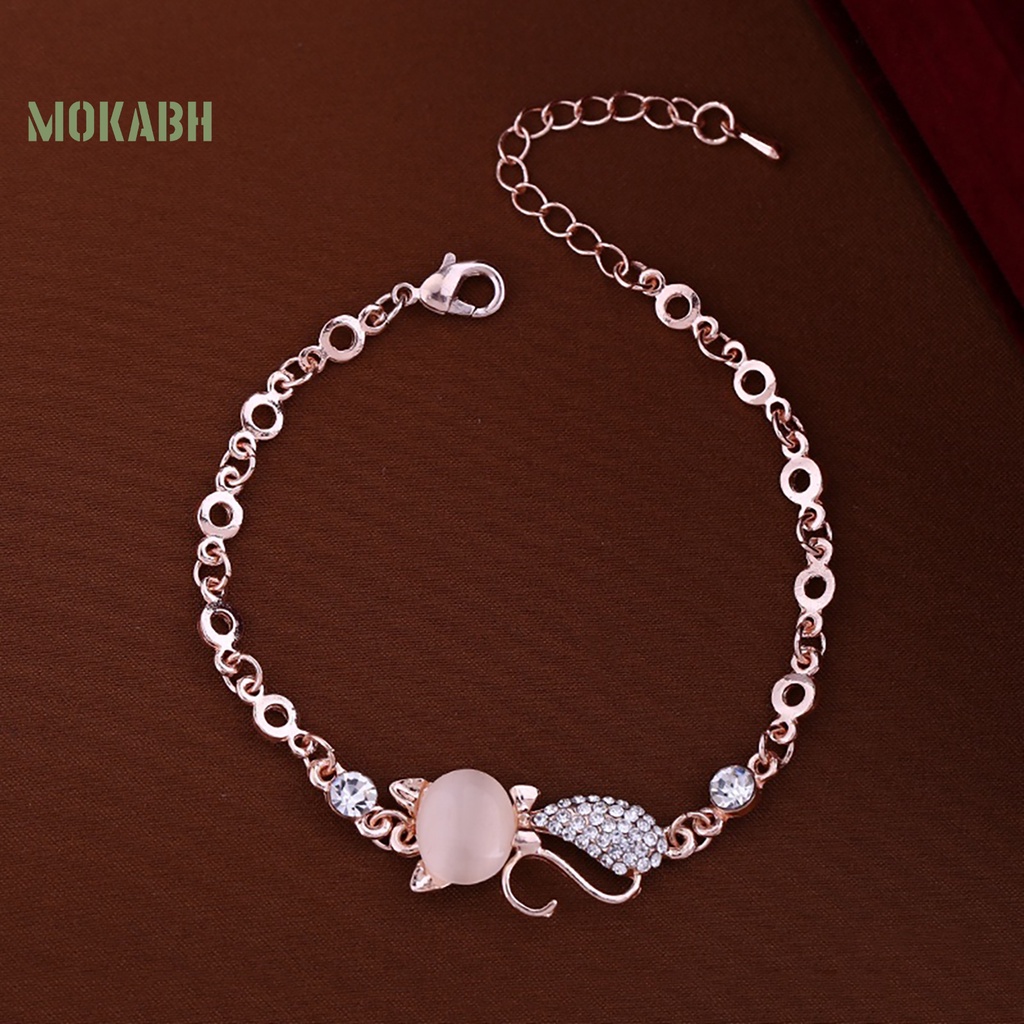 Vòng Đeo Tay Mặt Hình Mèo Đính Đá Opal Dễ Thương Cho Nữ