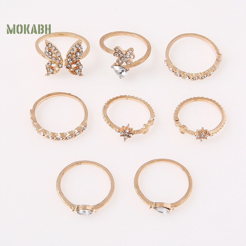 Set 8 Nhẫn Đeo Khớp Ngón Tay Họa Tiết Bướm / Hoa Đính Đá Tinh Tế Cho Nữ
