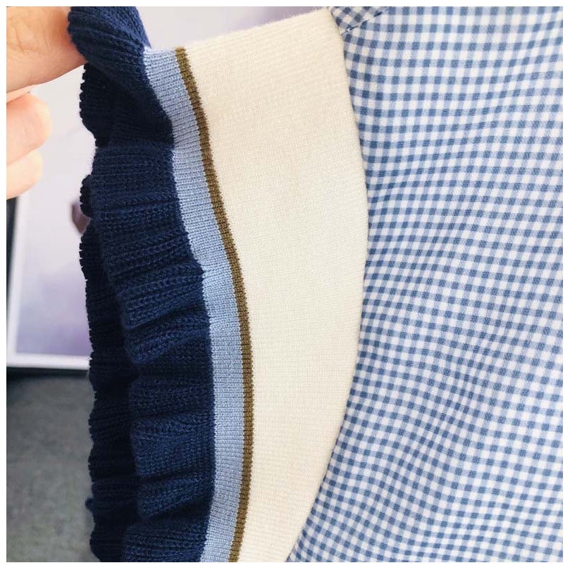 Áo Sơ Mi Chiffon Tay Ngắn Dáng Rộng Họa Tiết Caro Màu Xanh Dương Viền Gỗ Thời Trang Mùa Hè Hàn Quốc Cho Nữ