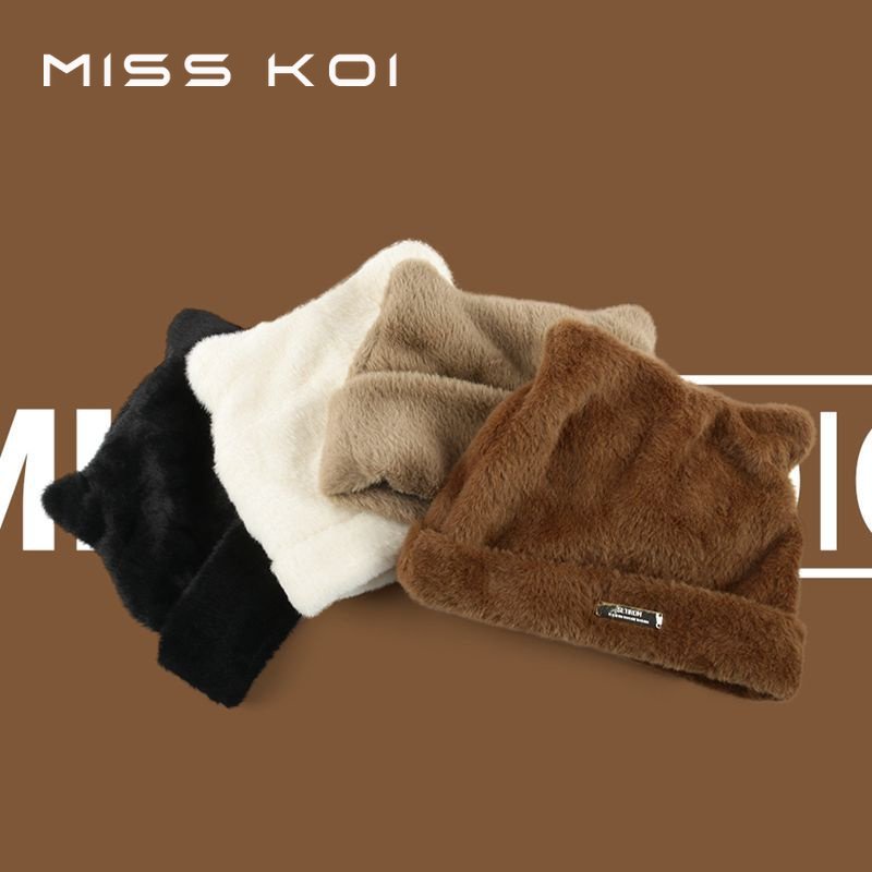 Mũ Len Dệt Kim Dày Dặn Đính Tai Mèo Dễ Thương Phong Cách Hàn Quốc