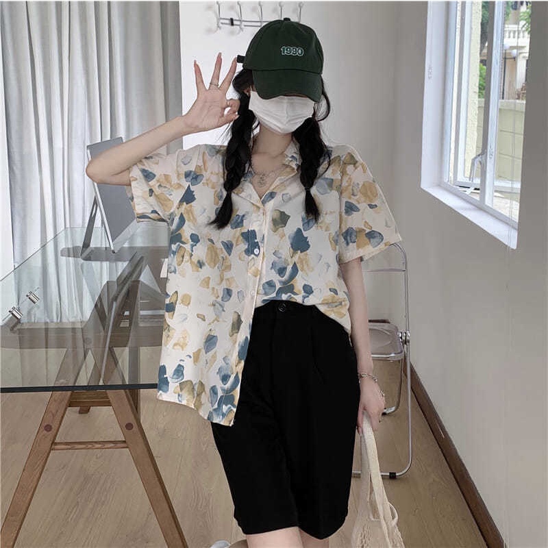 COZOK Áo Sơ Mi Tay Ngắn Dáng Rộng In Họa Tiết vintage Thời Trang Hàn Quốc